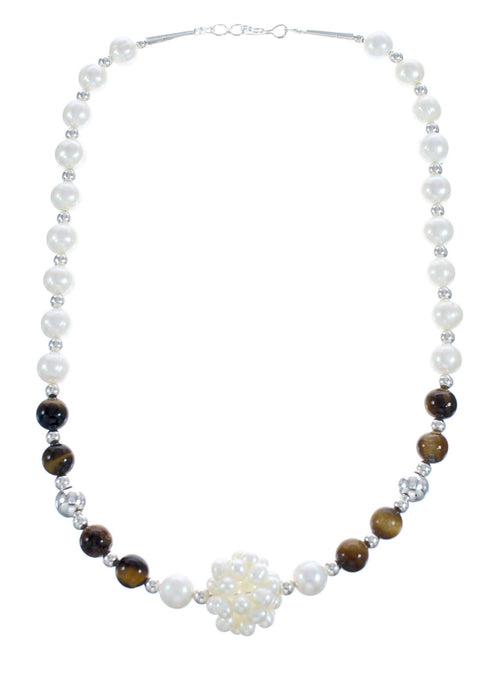 Sterling Silver Fresh Water Pearl and Tiger Eye Bead Necklace KX121305